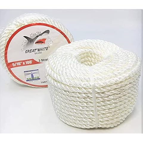 3-Strand Twisted Nylon Rope, 5/16" x 100 feet, Multipurpose, Lightweight, Weather-Resistant Cord for Marine, Outdoor/Indoor Use and DIY Projects, Great White Brands Cover