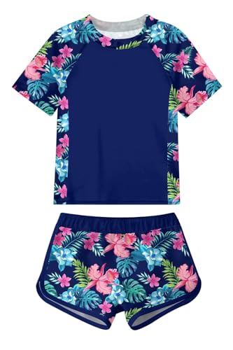 ADUKIDE Rash Guard Swimsuit for Girls Size 12T 13T Hawaii Two Piece Bathing Suit with Short Tropical Flowers Swimwear Blue