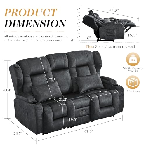 Image of Loveseat Recliner Sofa with Flip-up Console,RV Wall Hugger Recliners for Small Spaces,Reclining Loveseat Sofa Recliner with Cup Holders /Lumbar Pillows,RV Furniture (Gray, 68 inch 2-Seater)