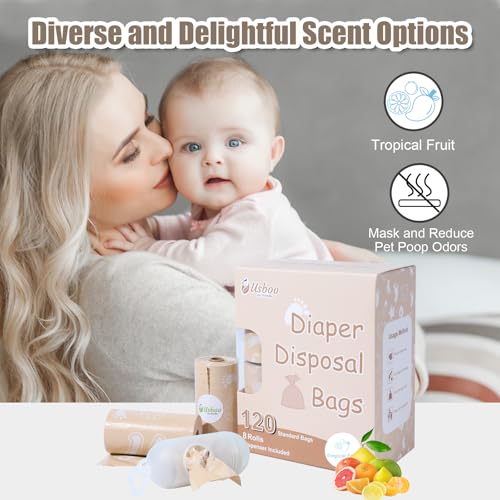 Image of USBOO Disposable Diaper Bags, 8 Rolls / 120 Bags, Tropical Fruit Scent | Leak-Proof Biodegradable Diaper Trash Bags with Dispenser, Ideal for Home & On-the-Go, Soiled Diapers & Pet Waste