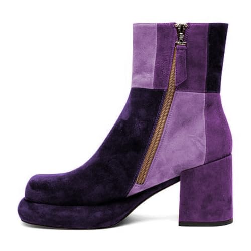 miss left Women Classy Patchwork Chunky Heel Ankle Booties Rounded Toe Mid Heels Zipper Platform Short Boot Prom Event Winter Shoes Size 4-16 US3