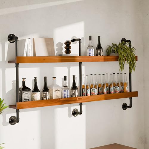 Industrial Wine Rack Wall Mounted, Solid Wood Shelf with Metal Pipe Brackets, 2-Tier Rustic Hanging Organizer for Wine Bottle Storage in Kitchen, Bar, Pub, Cellar(Walnut Brown, 60 Inch)