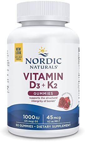 Nordic Naturals Vitamin D3 + K2 Gummies, Pomegranate - 60 Gummies - 1000 IU Vitamin D3 + 45 mcg Vitamin K2 - Great Taste - Bone Health, Promotes Healthy Muscle Function - Non-GMO - 60 Servings