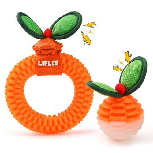 LIFLIX 犬 噛むおもちゃ 歯磨き おもちゃ 音が鳴る おやつ玩具 頑丈 デンタルトイ 小型犬 中型犬 光る ボール リング オレンジ