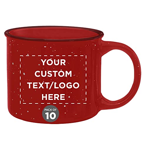 DISCOUNT PROMOS Custom Ceramic Campfire Coffee Mugs 13 oz. Set of 10, Personalized Bulk Pack - Perfect for Tea, Espresso, Cappuccino, Hot Cocoa - Red