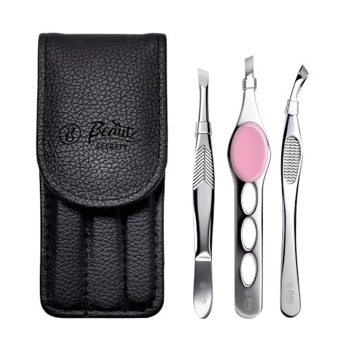 Image of Beaute Secrets Professional 3-Piece Tweezer Set with Travel Case | Wide Slant, Precision Point & Slant Tip Tweezers | Stainless Steel Eyebrow & Facial Hair Removal Kit