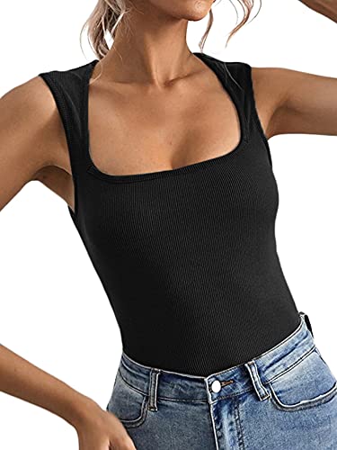 Lyaner Women's Casual Square Neck Sleeveless Solid Cami Tank Top Black Medium #TOP28