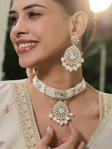 Image of Rubans Necklace Maangtikka Set Gold Plated Kundan & Pearl Jewellery Gift for Women & Girls