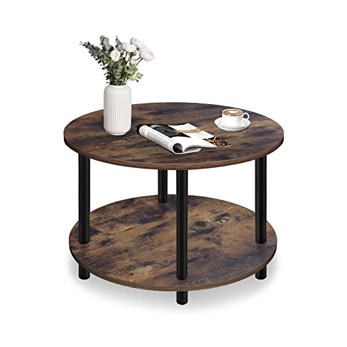 Small Round Coffee Table for Small Space, 23.5″ 2-Tier Rustic Brown Wooden Coffee Table with Open Storage for Living Room/Balcony/Office, Metal Legs, Easy to Assemble
