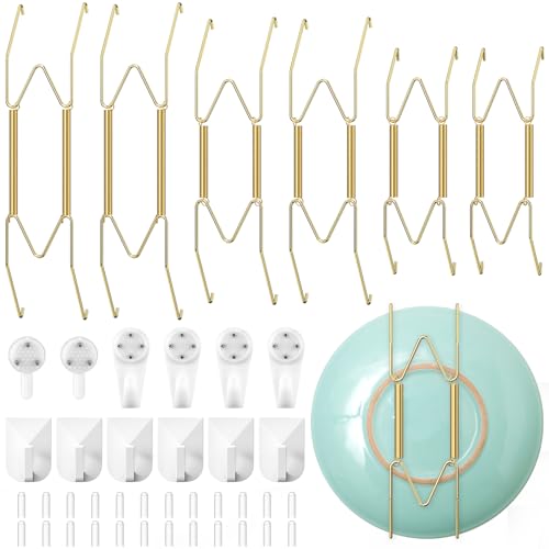 Plate Holders for Displaying on Wall, 6 Pieces Wall Plate Holders 6/8/10 Inch Golden Stainless Steel Material Wall Plate Hanger for Hang Antique Plates Art Plates Decorative Plates by Gnellkoor - Used condition - US$7.26