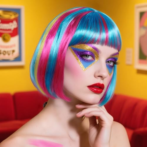 Image of ANOGOL Hair Cap + (Sunglasses) Rainbow Wig Yellow Blue Pink Bob Wig with Bangs Womens Party Wigs with Star-Shaped Glasses Short Neon Wig Daily Party Fun Wigs Women Halloween Costume Bachelorette Hair