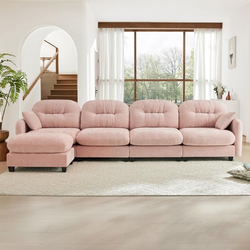 Image of KEIKI 140 inch L-Shaped Oversized Chenille Modular Sectional Sofa with 1 Ottoman, High-Density Foam Cushions, Tufted Pleated Cushion Backrest, Modern 4-Seater Couch with 2 Pillow, for Living Room, Pink