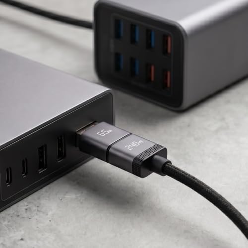 Image of GrunX 240W USB C Cable with Foldable Stand & 65W USB-A to USB-C Adapter, PD 3.1 Fast Charging Kit, 480Mbps Data Transfer, Nylon Braided Type C Cable for Laptops, Tablets & USB-C Devices