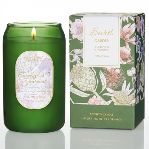 M&SENSE Strong Green Soy Scented Candle - Eucalyptus Mint Candle, 10.6 oz, 60-Hour Burn,Calming...