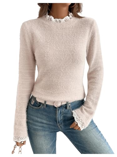 MakeMeChic Women's Faux Fur Lace Fuzzy Sweater Mock Neck Long Sleeve Pullover Tops