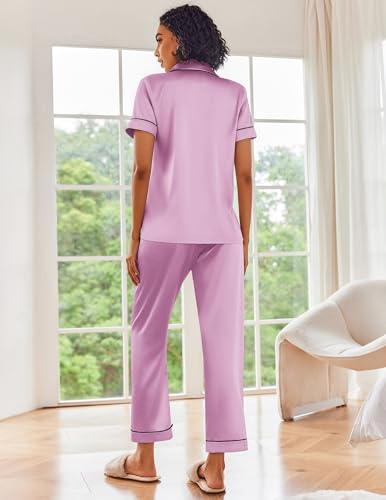 Image of Ekouaer 2 Piece Satin Short Sleeve Pajamas Set Button Down Sleepwear | Soft Pjs Set Classic Loungewear for Wedding, Party, Home, Daily Wear, Date Nights