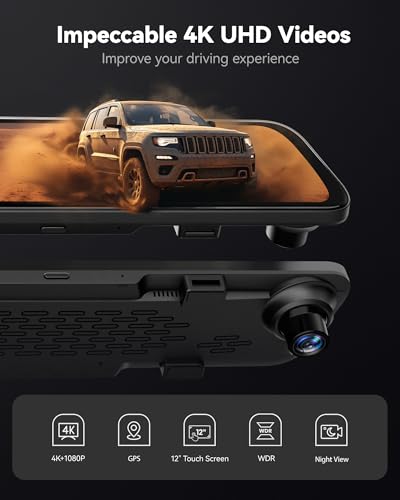 Image of WOLFBOX G840S 12 inch 4K Mirror Dash Cam, Smart Rear View Mirror for Cars & Trucks, Dual Front and Rear Cameras, Night View, Parking Assist, GPS, 32GB Card Included