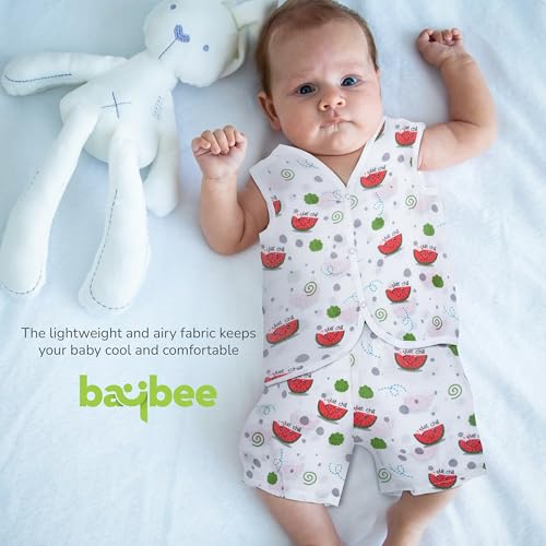 Image of BAYBEE 100% Muslin Cotton New Born Baby Clothes for Kids | Sleeveless Summer Wear with Soft & Breathable | Shirt and Shorts Set | Jablas for Baby Girl Boy Dress
