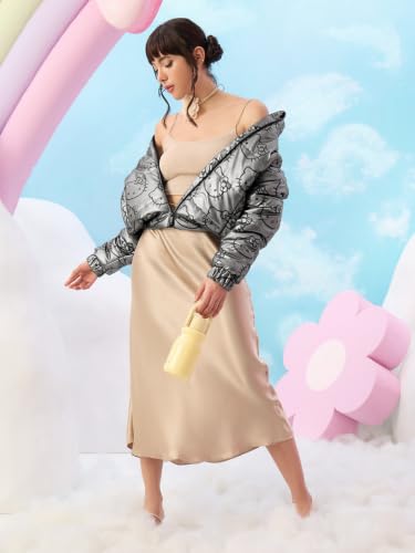 Image of The Souled Store Puffer Jackets: Hello Kitty Women and Girls Long Sleeves Stand Collar Zipper Front Grey All Over Printed Polyester Puffer Jackets