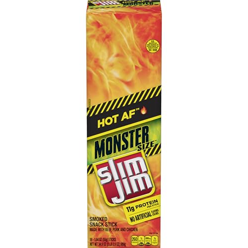 Slim Jim Monster Smoked Meat Sticks, Hot AF Flavor, High Protein, Valentine's Day Gift For Him, 1.94 oz. (18 Count)