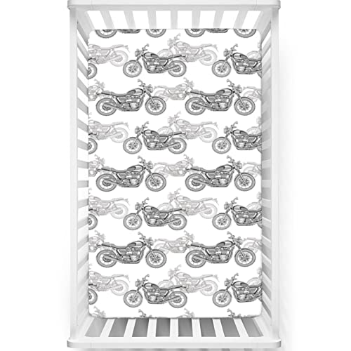 Image of Motorcycle Themed Fitted Mini Crib Sheets,Soft & Stretchy Fitted Crib Sheet - Great for Boy or Girl Room or Nursery,White Black Grey,38“ x24“