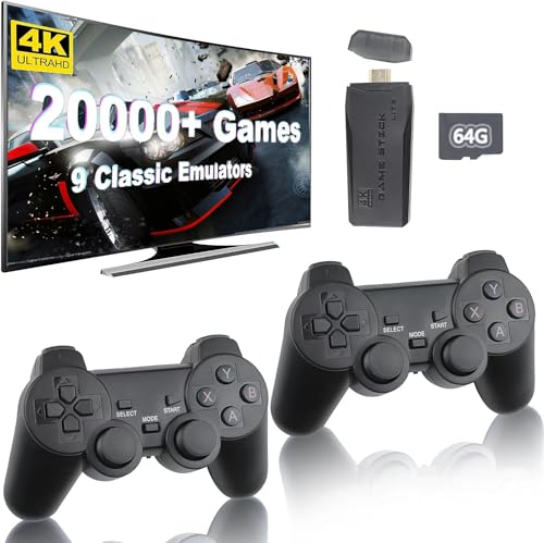Whatsko Retro Konsole Spielkonsole Game Stick 4K, Retrolink 20000+ Spiele mit 2 Wireless Controllers Gamepad-64G, Plug and Play Video Game Console für TV HDMI, Geschenke für Kinder Erwachsene