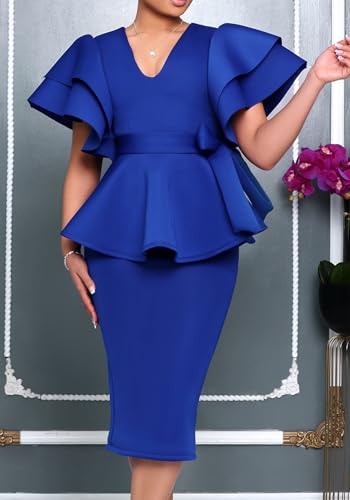 HuiSiFang Womens Ruffle Business Dress Elegant V Neck Bodycon Peplum Pencil Sheath Suiting Dresses2