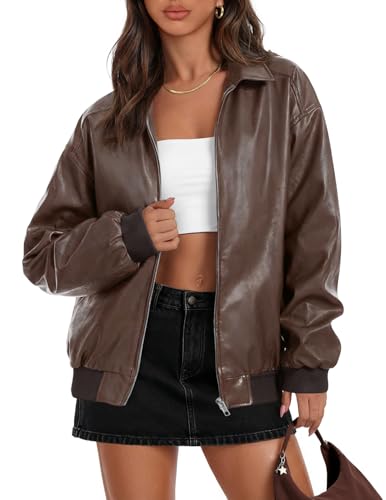 MEROKEETY Womens Fall Winter Oversized Faux Leather Jacket - Coffee, Medium