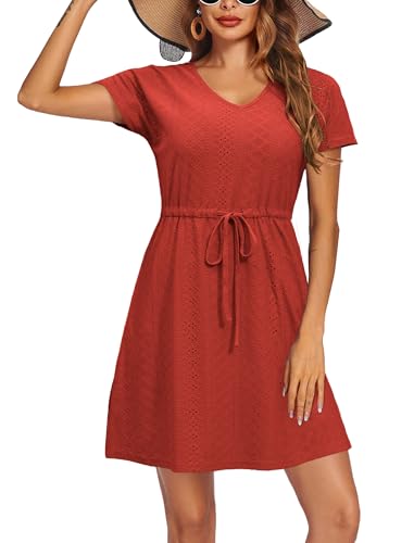 Doreyi Women's Swimsuit Coverup in Plus Size, Bathing Suit Cover Up with Short Sleeve and Beach Coverups for Women Rust Red