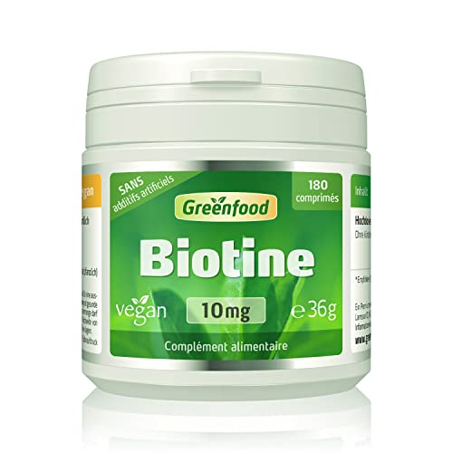 Greenfood Biotine 10 mg, dose élevée, 180 comprimés - vitamine pour la santé des cheveux et la peau. Sans additifs artificiels. Sans organisme génétiquement modifié. Vegan