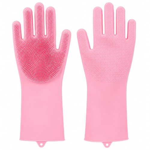 Image of Magic Silicone Dishwashing Gloves with Scrubber Bristles Pink