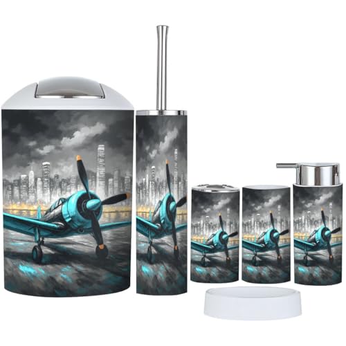 Bathroom Accessory Set 6 Piece Boho Black Teal Airplane Vintage