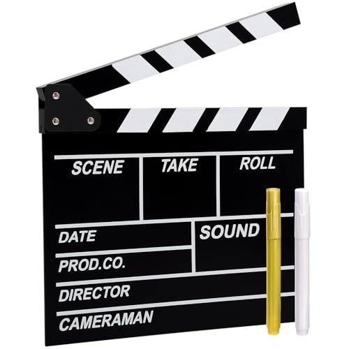 Movie Film Clap Board, 10.4 x 11.8 Inches Wooden Film Director Clapboard with 2 Pcs Whiteboard Pens,...