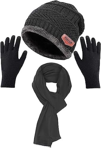 Conjunto de 3 peças de gorro masculino de inverno, gorro quente com gorro (com pashmina preta)