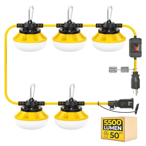 50FT 3-Prong Construction String Lights with Switch, LED Work Light, ETL Certified, IP65 Waterproof, Linkable up to 16 Sets, for Jobsite, Attic, Garage 50FT-3Prong with Switch