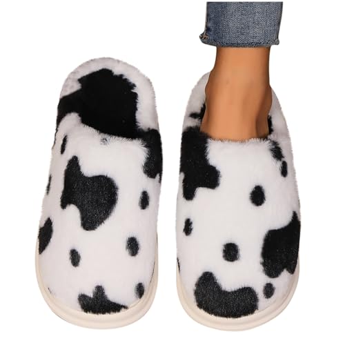 Women Lounging Cow Print Slipper Fleece Comfy Lightweight Casual Slide Close-toe Plush House Sandal Keep Warm Shoe