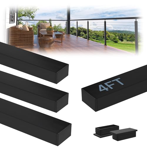 Image of Modular 4Pack 4FT Stainless Steel T304 Black Handrail for Cable Railing with Nylon End Cap Kits, 2.36 inch W x 1.18 inch H Cuttable Flat Handrail Rectangular Top Rail for Stair Railing Indoor Outdoor