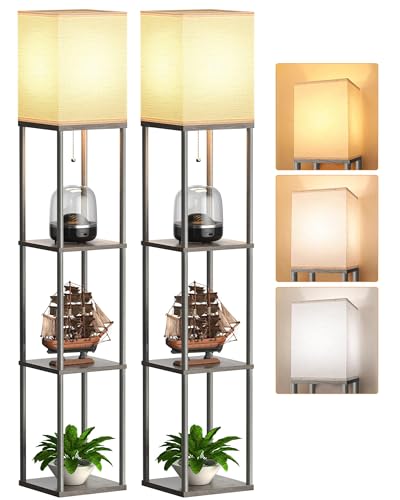 Floor Lamp with Shelves for Living Room 2 Pack Oak Gray, Shelf Floor Lamp with 3 CCT LED Bulb, Corner Display Standing Column Lamp Etagere Organizer Tower Nightstand with White Linen Shade for Bedroom