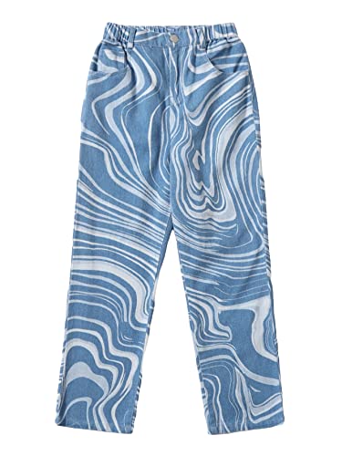 WDIRARA Girl's Graphic Tie Dye Elastic High Waisted Straight Leg Pocket Pants Jeans