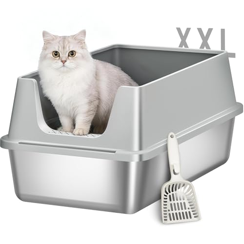 Fobyfurny Katzenklo Edelstahl XXL Metall Katzentoilette Groß Katzenklo Edelstahl mit Hoher Rand mit Schaufel Offenes Design Leicht zu Reinigen 60 5L x 40B x 29H cm Hellgrau FPLB003SG1