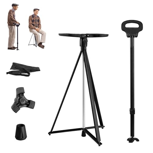 Bastón con asiento, 2 en 1 con bolsa de transporte, bastón plegable para adultos y mayores, peso ligero, carga 150 kg, asiento de trípode resistente para exteriores Bastón con asiento, 2 en 1 con bolsa de transporte, bastón plegable para adultos y mayores, peso ligero, carga 150 kg, asiento de trípode resistente para exteriores