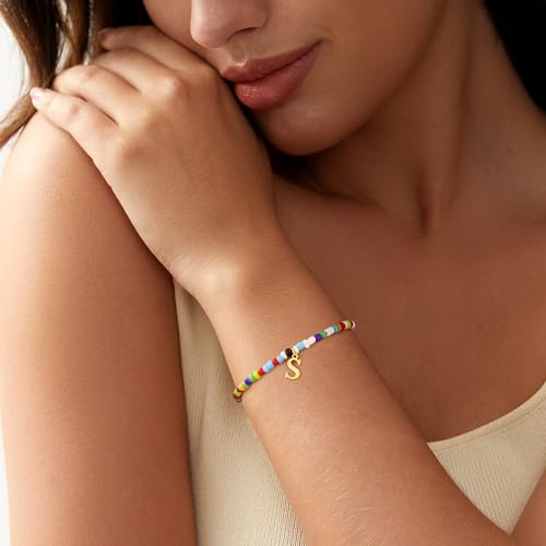 Turandoss Colorful Beaded Bracelets - Initial Bracelet for Women Girls, Dainty 18K Gold Plated Initial Bracelet Boho Beaded Bracelets for Women Teen Girl Gifts Birthday Gifts for Her4
