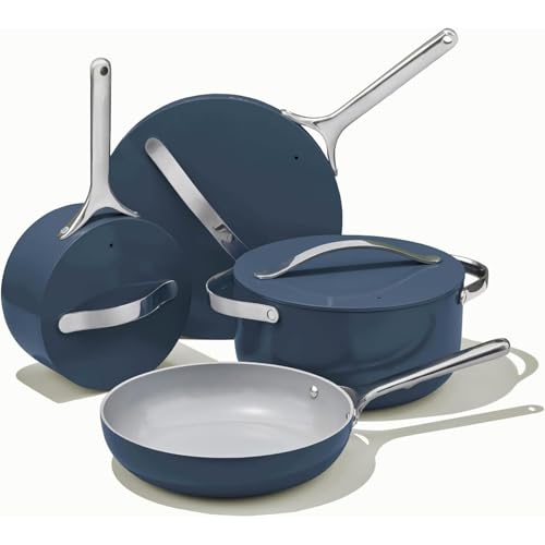 Juego de utensilios de cocina de cerámica antiadherente (12 piezas) con ollas, sartenes, tapas y utensilios de cocina - No tóxico (12 piezas/azul marino)