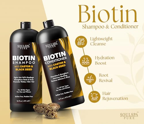 Image of SOULSPA PURE Castor Oil & Black Seed Biotin Shampoo and Conditioner Set - Sulfate Free Nourishing Formula for Thinning Hair & Dry Scalp - Deep Moisture for Men & Women - 16 fl oz Each
