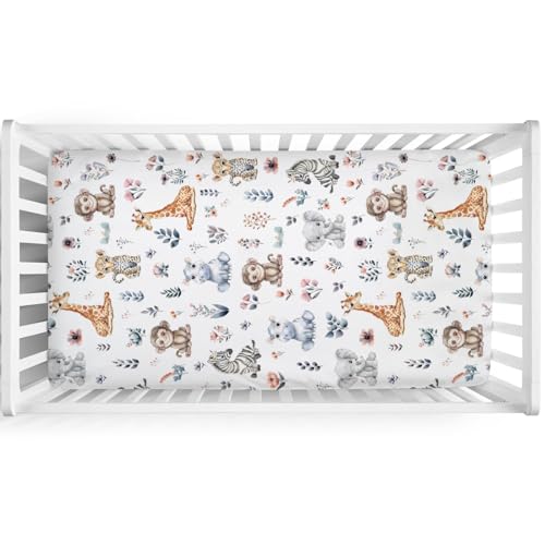 Image of Jungle Safari Animals Boho Floral Baby Crib Sheets 52''x28'' Leopard Elephant Giraffe Zebra Hippo Monkey Stretchy Fitted Crib Mattress Cover for Boy Girl Bed Sheet for Standard Crib Toddler Mattress