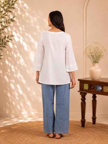 Image of QAZMI Women Kashmiri Aari Embroidered Viscose Rayon A-Line Short Kurti with Bell Sleeves