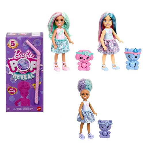 Barbie Poupée Pop Reveal Chelsea, série Treat, avec 5 Surprises, Dont Une Petite poupée parfumée, Un Animal Pop-It et Changement de Couleur (Les Styles...