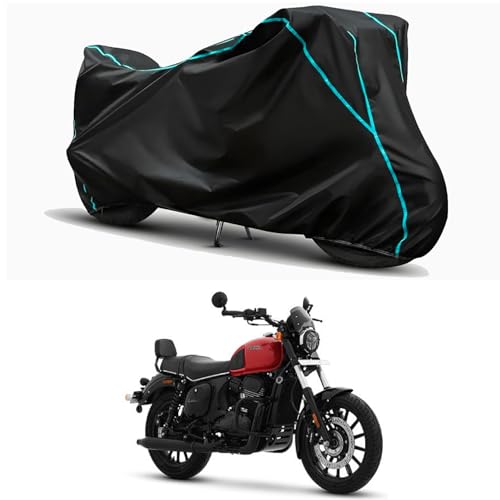 Image of Waterproof Bike Body Cover Compatible for | Yezdi Roadster Inferno | Taffeta Fabric, Sky Piping Design, Bottom Elastic Fit | Dustproof, Sun UV & Rain Protection for All Weather.