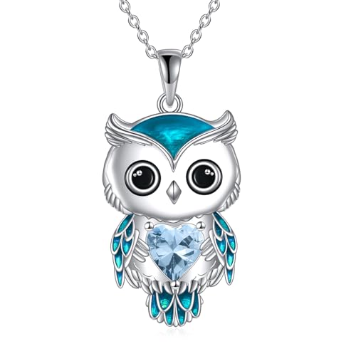 Vadmans Collier Hibou Bijoux Cadeaux pour Femmes en Argent Sterling Pierre de Naissance Hibou Pendentif Collier Bijoux de Noël pour Les Filles (03-Mars)