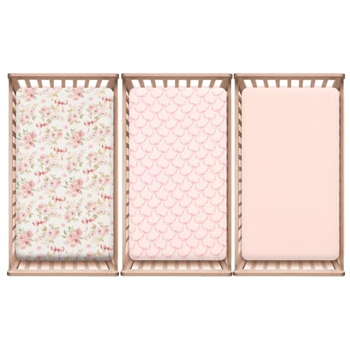 Image of PHF 3 Pack Soft Floral & Bow Crib Sheets Fitted, Comfy Breathable Baby Sheets for Boys Girls, 28x52 Inches Fits Standard Crib and Toddler Mattresses, Floral & Bow
